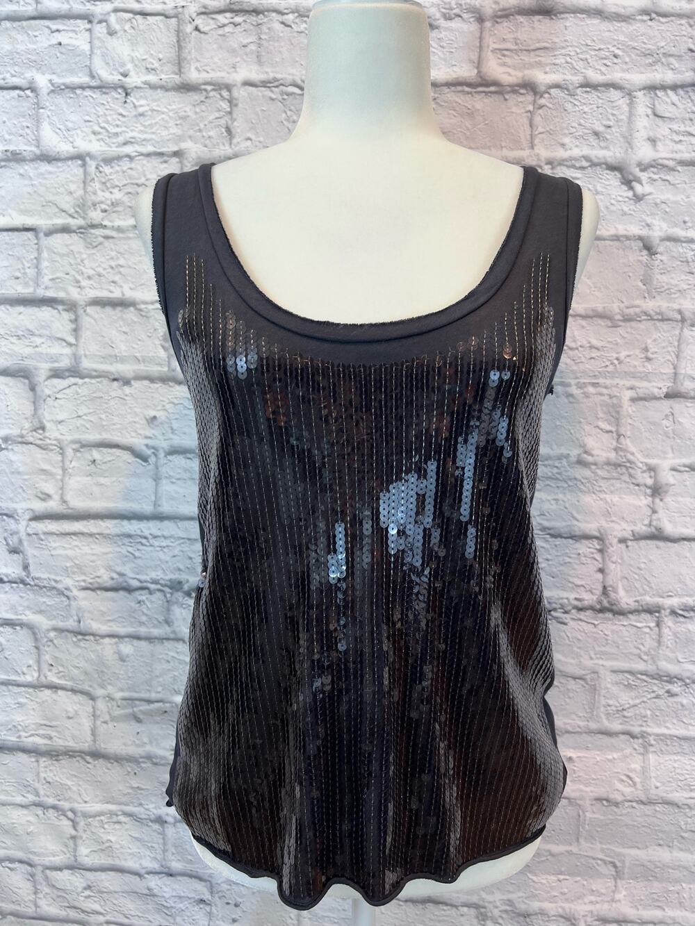 J. Crew Navy Blue Sequined Tank Top size XS Tulle Trim Fully Lined A536